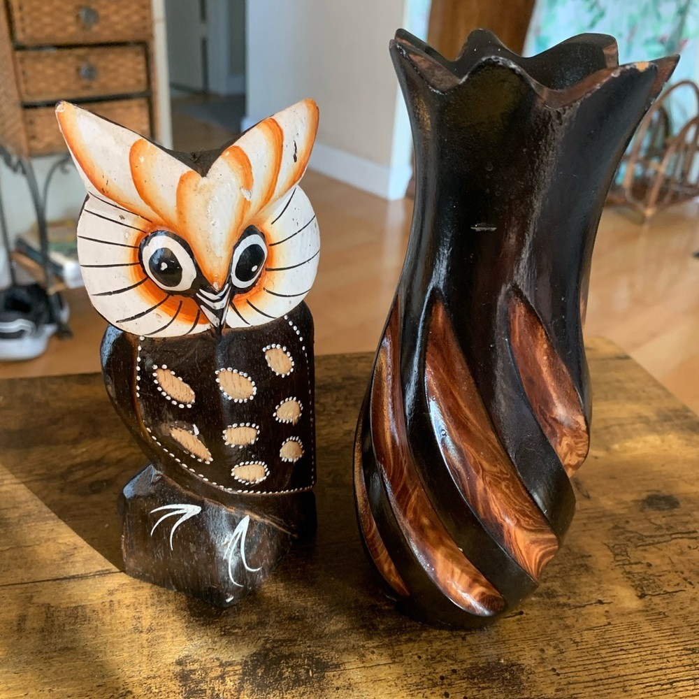 Handcrafted Wooden Owl and Hand Carved Mango Wood Vase -Made in Jamaica Lot of 2